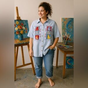 Vintage Cat Shirt Patchwork on Gingham Size L 100% Cotton